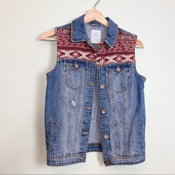 Bershka Vintage Inspired Jean Denim Vest Aztec Panels woman's size XS - Picture 1 of 7